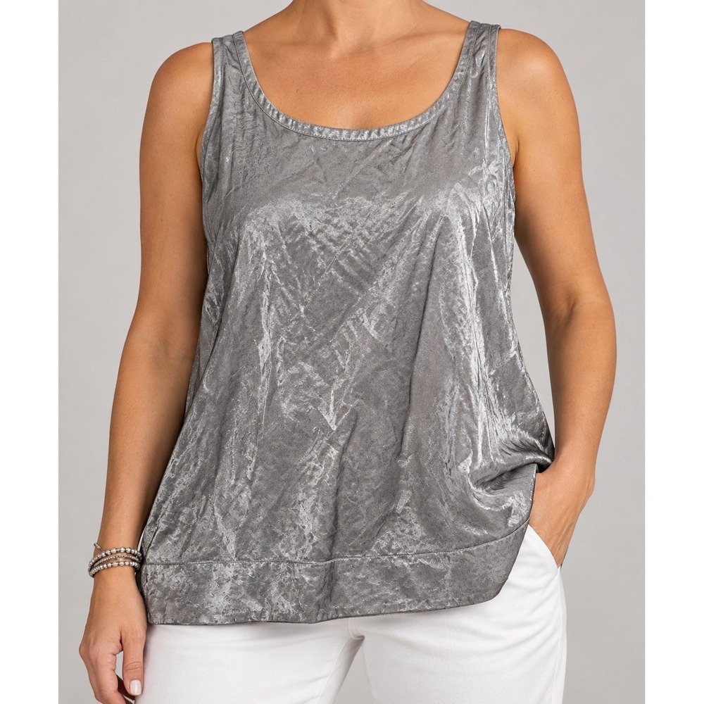 Eileen Fisher Rumpled Steel Satin Silver Metallic Scoop Neck Tank Top XL
